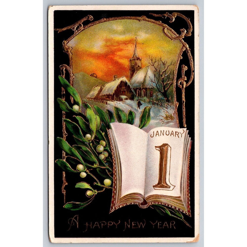Vintage 1913 New Year Postcard Embossed Mistletoe Winter Church Scene Germany